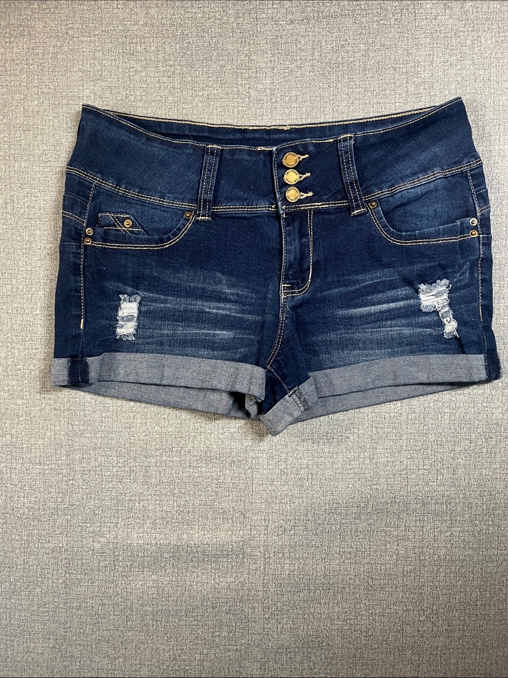 WannaBetaButt? By YMI Mid Rise Rolled Hem Distressed Denim Shorts, women’s s=9